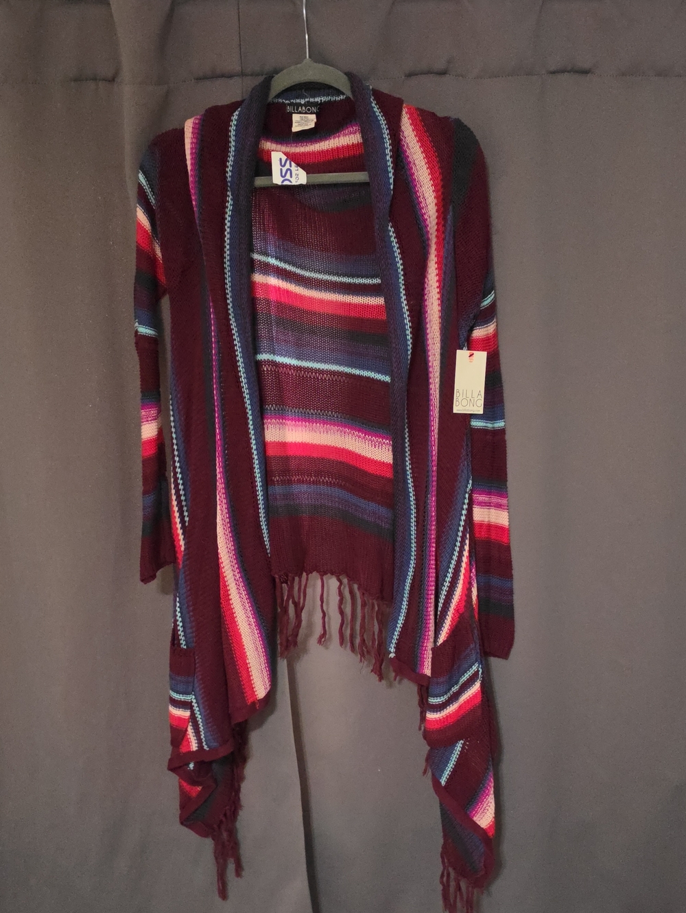 Billabong Maroon Multi-Stripe Fringe Open Drape Cardigan